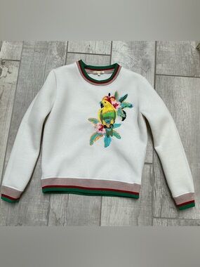 Maje White Sweatshirt with Multicolor Parrot Embroidery